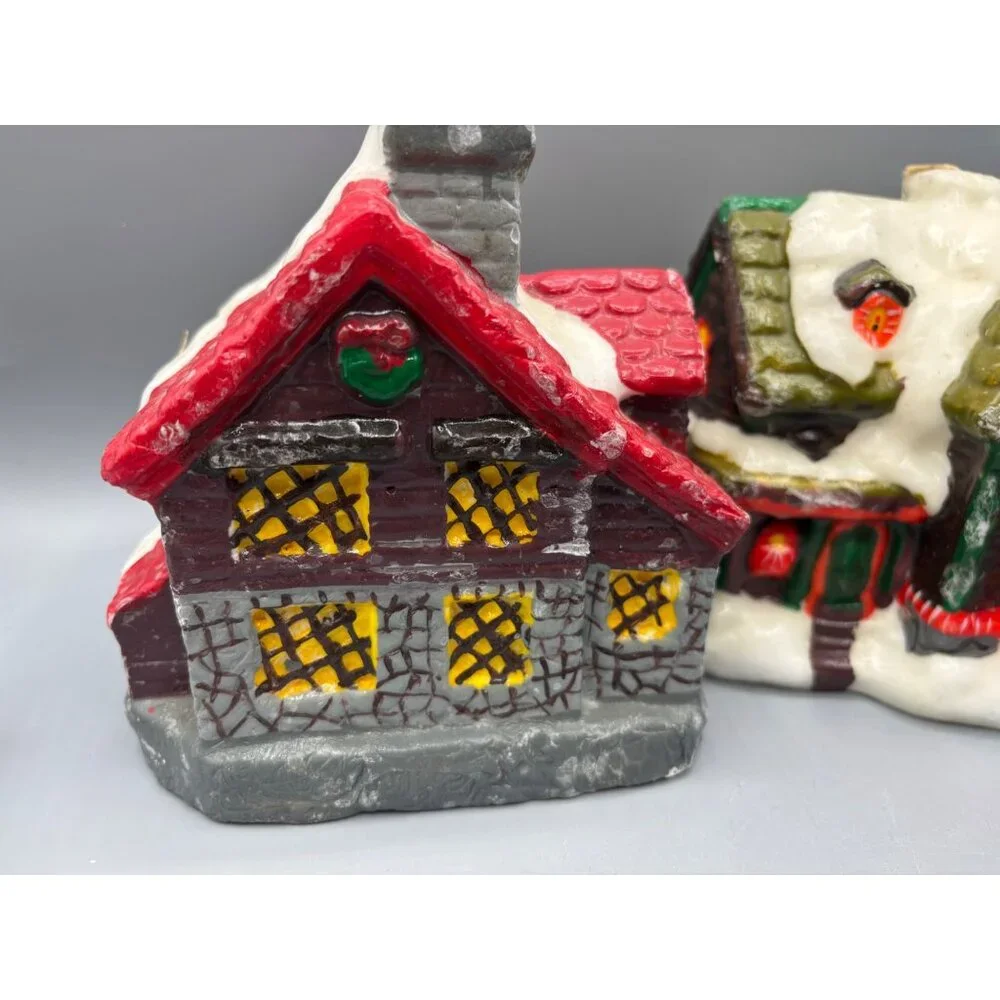 Vtg Candles Wax Snowy‎ Cottage Village Set Of 2 Christmas Décor